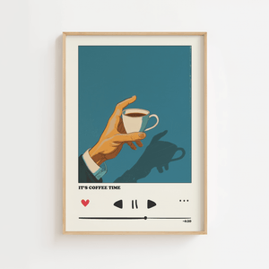 Coffee Time plakat med minimalistisk illustration af hånd og kaffekop