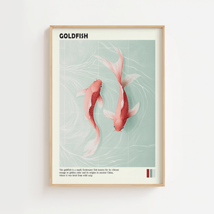 Japansk plakat med to goldfish der svømmer i roligt vand i minimalistisk asiatisk kunststil.