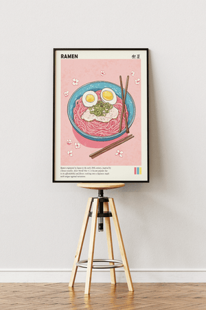 Japansk ramen plakat med ramen nudler, æg og spisepinde i farverig japansk madillustration.