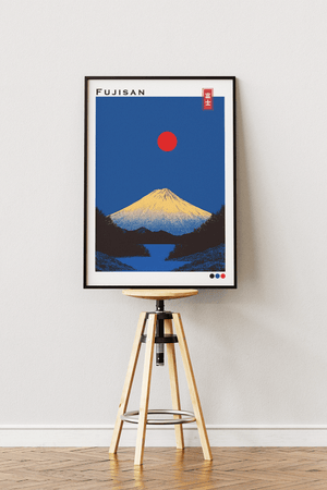 Japansk plakat med Mount Fuji og rød sol i minimalistisk japansk landskabsstil.