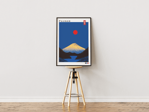 Japansk plakat med Mount Fuji og rød sol i minimalistisk japansk landskabsstil.