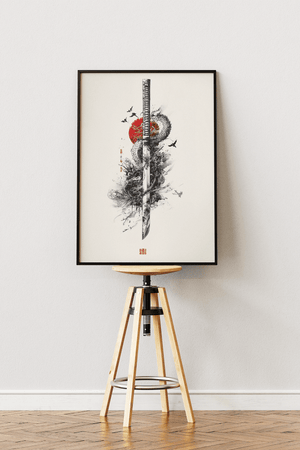 Japansk samurai plakat med katana sværd og rød sol i asiatisk kunststil.