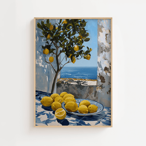 citron plakat med citrontræ og havudsigt i middelhavsstil