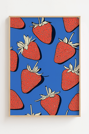 jordbær plakat med røde jordbær på blå baggrund illustration