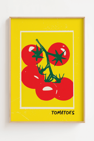 tomat plakat med røde tomater på gren og gul baggrund illustration