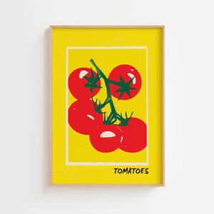 tomat plakat med røde tomater på gren og gul baggrund illustration