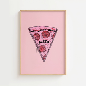 pizza plakat med pizzastykke illustration på lyserød baggrund