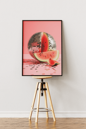 vandmelon plakat med diskokugle og lyserød baggrund