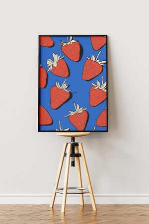 jordbær plakat med røde jordbær på blå baggrund illustration