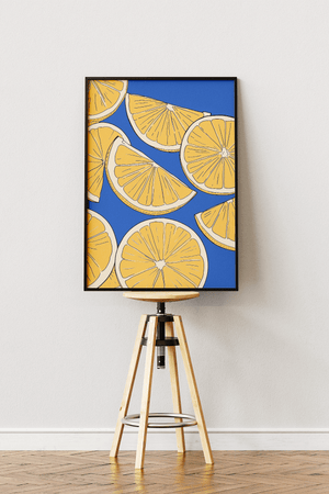 citron plakat med gule citroner på blå baggrund illustration