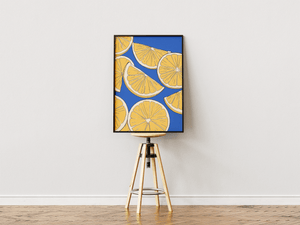 citron plakat med gule citroner på blå baggrund illustration