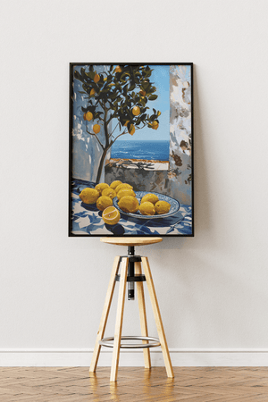 citron plakat med citrontræ og havudsigt i middelhavsstil