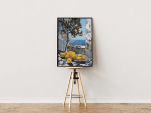 citron plakat med citrontræ og havudsigt i middelhavsstil