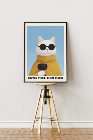 katte plakat med kat i solbriller og kaffe illustration