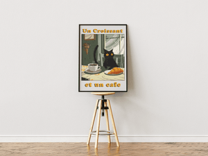 Croissant cat café plakat med kat, kaffe og croissant illustration