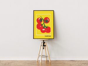 tomat plakat med røde tomater på gren og gul baggrund illustration