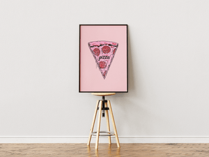 pizza plakat med pizzastykke illustration på lyserød baggrund