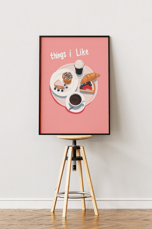 Things I like plakat med croissant, kaffe og kager illustration