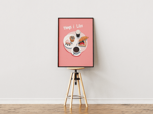 Things I like plakat med croissant, kaffe og kager illustration