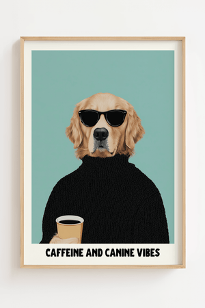 Coffee dog plakat med hund i solbriller der holder kaffe