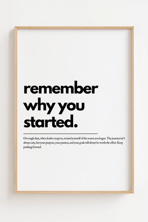 Motiverende plakat med teksten remember why you started i minimalistisk sort typografi.