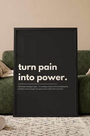 Motiverende plakat med citatet “Turn pain into power”. Perfekt til kontor, hjem eller studie hvor du ønsker daglig motivation, styrke og fokus.