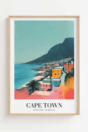Cape Town Sydafrika byplakat med Table Mountain, kystlinje og farverige huse.