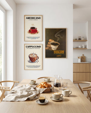 Kaffe plakat med tekst og illustration – perfekt til café stemning i hjemmet