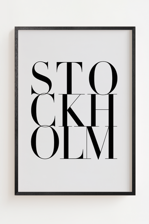 Typografisk Stockholm plakat i sort hvid minimalistisk design
