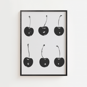 Sort hvid plakat med seks kirsebær arrangeret i et minimalistisk grafisk motiv
