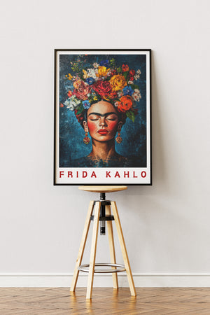 Frida Kahlo plakat med lukkede øjne og farverig blomsterkrone

