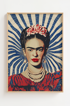 Frida Kahlo plakat med blå og hvide stråler i baggrunden