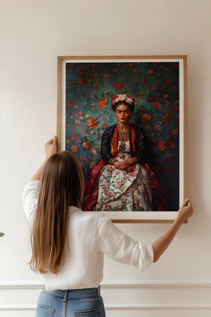 Frida Kahlo plakat med blomstrende rosenbaggrund og farverigt design

