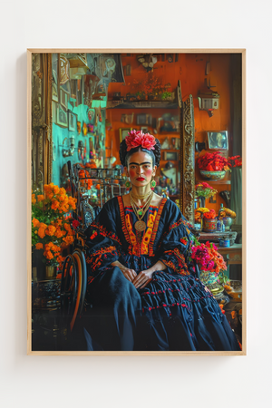 Frida Kahlo plakat – Blomster i håret & blå kjole | Fra 99,-


