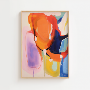 Illustrationsplakat med abstrakte penselstrøg i orange, blå, lilla og gule nuancer, der skaber et dynamisk og moderne kunstmotiv.