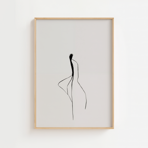 Line art plakat med en minimalistisk figur tegnet i én ubrudt sort streg på en hvid baggrund.
