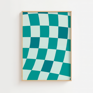 Illustrationsplakat med bølget skakternet mønster i turkise og lyse mintgrønne felter i et moderne grafisk design.