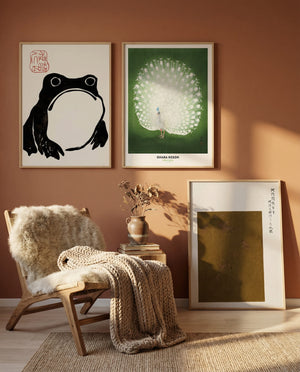 Stilren japansk plakat med abstrakt design og nordisk-japansk boligstil