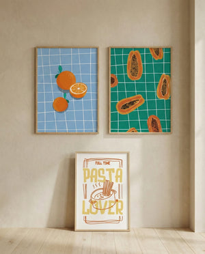 Plakater til køkkenet med frugt og grønt i farverigt og dekorativt udtryk