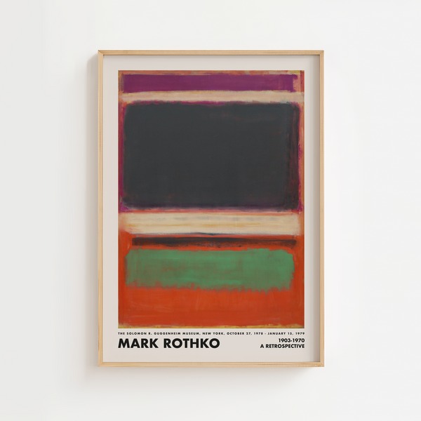 Abstrakt plakat med mørke og farverige felter i lilla, sort, grøn og orange inspireret af Mark Rothkos ikoniske farvekompositioner.