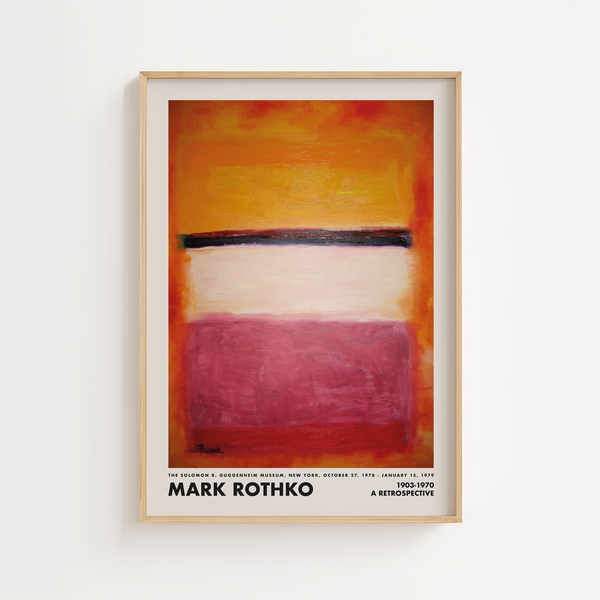 Abstrakt plakat med varme orange og røde farvefelter, lyst midterfelt og mørk vandret linje inspireret af Mark Rothkos farvekompositioner.