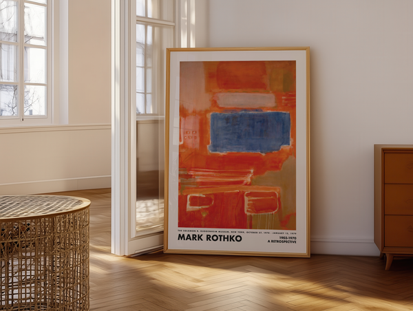 Mark Rothko plakat med blåt felt over rød-orange baggrund – abstrakt kunsttryk.