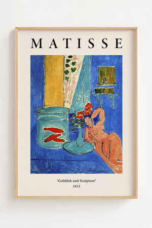 Matisse plakat med guldfisk, blå baggrund og skulpturel figur fra 1912.
