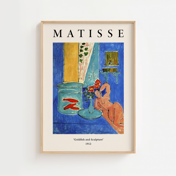 Matisse plakat med guldfisk, blå baggrund og skulpturel figur fra 1912.