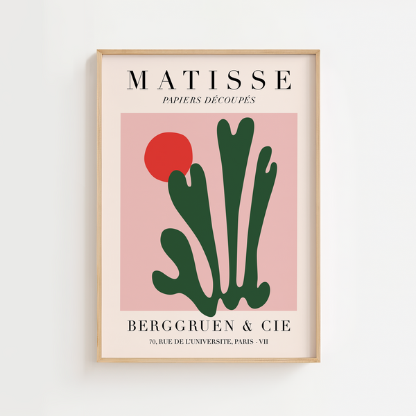 Abstrakt Matisse plakat med grønne bladformer og rød cirkel på rosa baggrund.