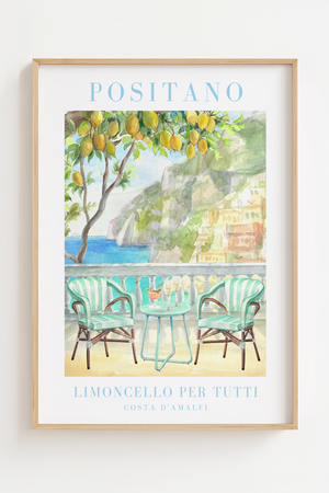 Framed art print of a limoncello bottle, lemon tree, glass of limoncello, and Italian villa in warm summer tones, styled like a vintage poster.