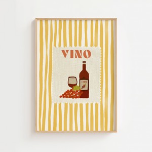 Gul vinplakat, flot illuistreret VINO med glas fra rødvin