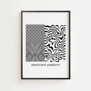 Abstrakte mønstre plakat med fire forskellige grafiske designs i sort-hvid, sort ramme