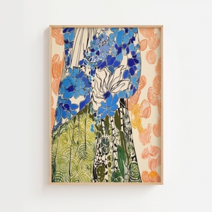 Blå hortensia plakat med grafiske mønstre og orange spiraler