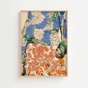 Blomsterhave plakat med blå, orange og rosa blomster i grafisk stil